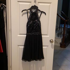 Black Halter Beaded Bodice Silver and Black Dress